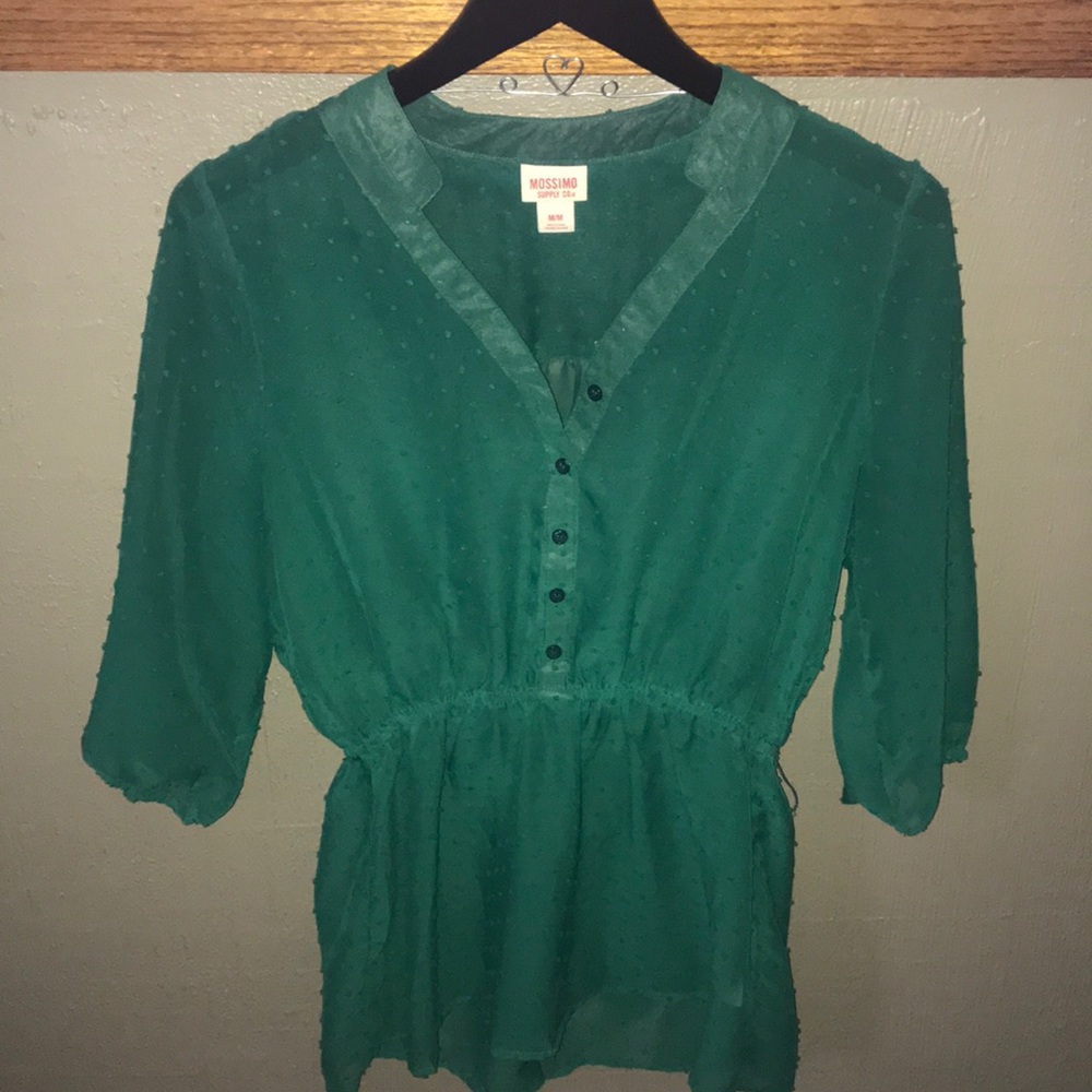 Cinched waist chiffon polkadot detail blouse